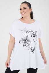 Büyük Beden Beyaz Salaş Baskılı Penye T-shirt - 1
