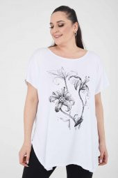 Büyük Beden Beyaz Salaş Baskılı Penye T-shirt - 3