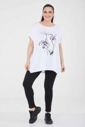 Büyük Beden Beyaz Salaş Baskılı Penye T-shirt - 4