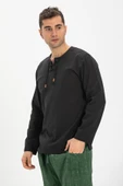 Büyük Beden Şile Bezi Uzun Kol Zımbalı Erkek Yazlık Tshirt Siyah 3003 - 5