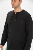 Büyük Beden Şile Bezi Uzun Kol Zımbalı Erkek Yazlık Tshirt Siyah 3003 - 3