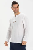 Büyük Beden Şile Bezi Uzun Kol Zımbalı Erkek Yazlık Tshirt Beyaz 3001 - 3