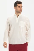 Büyük Beden Şile Bezi Uzun Kol Tek Cepli Hakim Yaka Erkek Yazlık Tshirt Krem 3002 - 3