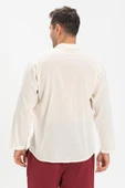 Büyük Beden Şile Bezi Uzun Kol Tek Cepli Hakim Yaka Erkek Yazlık Tshirt Krem 3002 - 2