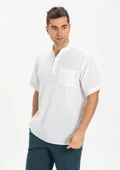 Büyük Beden Şile Bezi Kısa Kol Tek Cepli Hakim Yaka Erkek Yazlık Tshirt Beyaz 3001 - 1