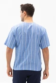 Büyük Beden Kısa Kol Şile Bezi Zımbalı Erkek Yazlık Tshirt Mavi Beyaz Çizgili 3019 - 2