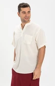 Büyük Beden Şile Bezi Kısa Kol Tek Cepli Hakim Yaka Erkek Yazlık Tshirt Krem 3002 - 1
