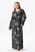 Uzun Kol Büyük Beden Şile Bezi Baskılı Uzun Yazlık Elbise Çınar Desen Siyah Syh thumbnail 1