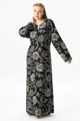 Uzun Kol Büyük Beden Şile Bezi Baskılı Uzun Yazlık Elbise Çınar Desen Siyah Syh thumbnail 4