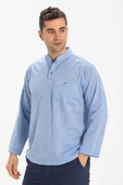 Büyük Beden Şile Bezi Uzun Kol Tek Cepli Hakim Yaka Erkek Yazlık Tshirt Mavi 3032 thumbnail 3