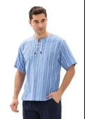 Büyük Beden Kısa Kol Şile Bezi Zımbalı Erkek Yazlık Tshirt Mavi Beyaz Çizgili 3019 - 6