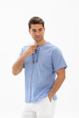 Kısa Kol Şile Bezi Zımbalı Erkek Yazlık Tshirt Mavi 3032 - 3