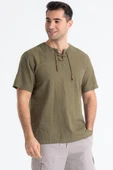 Kısa Kol Şile Bezi Zımbalı Erkek Yazlık Tshirt Haki 3049 - 4