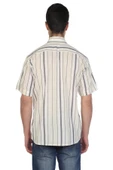 Kısa Kol Şile Bezi Tek Cepli Erkek Yazlık Gömlek Ekru Gri Çizgili 3028 - 2