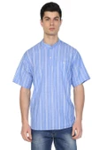 Kısa Kol Şile Bezi Tek Cepli Hakim Yaka Erkek Yazlık Tshirt Mavi Beyaz Çizgili 3019 - 1