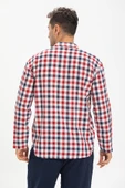 Uzun Kol Şile Bezi Tek Cepli Hakim Yaka Erkek Yazlık Tshirt Kırmızı Lacivert Kareli 3008 - 2