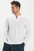 Uzun Kol Şile Bezi Bisiklet Yaka Erkek Yazlık Tshirt Beyaz 3001 - 3