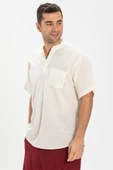 Kısa Kol Şile Bezi Tek Cepli Hakim Yaka Erkek Yazlık Tshirt Krem 3002 - 4