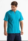 Kısa Kol Şile Bezi Bisiklet Yaka Erkek Yazlık Tshirt Mint Kareli 3033 - 3