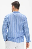 Uzun Kol Şile Bezi Tek Cepli Hakim Yaka Erkek Yazlık Tshirt Mavi Beyaz Çizgili 3019 - 2