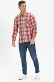 Uzun Kol Dar Kalıp Şile Bezi Tek Cepli Erkek Yazlık Gömlek Kırmızı Lacivert Ekose 3057 thumbnail 1