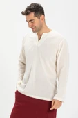 Uzun Kol Şile Bezi Bisiklet Yaka Erkek Yazlık Tshirt Krem 3002 - 3