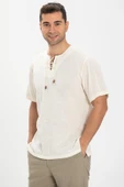 Kısa Kol Şile Bezi Zımbalı Erkek Yazlık Tshirt Krem 3002 thumbnail 1