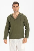 Şile Bezi Kapüşonlu Erkek Yazlık Sweatshirt Haki Hk 2XL Haki - 1
