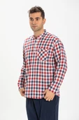 Uzun Kol Şile Bezi Tek Cepli Hakim Yaka Erkek Yazlık Tshirt Kırmızı Lacivert Kareli 3008 - 4