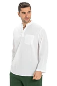 Uzun Kol Şile Bezi Tek Cepli Hakim Yaka Erkek Yazlık Tshirt Beyaz 3001 thumbnail 5