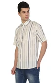 Kısa Kol Şile Bezi Tek Cepli Erkek Yazlık Gömlek Ekru Gri Çizgili 3028 - 4