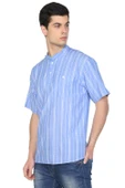 Kısa Kol Şile Bezi Tek Cepli Hakim Yaka Erkek Yazlık Tshirt Mavi Beyaz Çizgili 3019 - 4