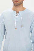 Uzun Kol Şile Bezi Zımbalı Erkek Yazlık Tshirt Buz Mavi 3027 - 3