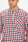 Uzun Kol Şile Bezi Tek Cepli Hakim Yaka Erkek Yazlık Tshirt Kırmızı Lacivert Kareli 3008 - 3