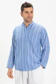 Uzun Kol Şile Bezi Tek Cepli Hakim Yaka Erkek Yazlık Tshirt Mavi Beyaz Çizgili 3019 - 1