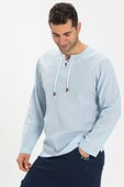 Uzun Kol Şile Bezi Zımbalı Erkek Yazlık Tshirt Buz Mavi 3027 - 4