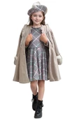Kız Çocuk Kazayağı Desen Elbise Kolları Peluş ve Omuzları İnci İşleme Kemerli Fildişi Kaşe Kaban - 2