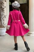 Kız Çocuk Kazayağı Desen Elbise Kolları Peluş ve Omuzları İnci İşleme Kemerli Fuşya Kaşe Kaban - 6