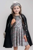 Kız Çocuk Kazayağı Desen Elbise Kolları Peluş ve Omuzları İnci İşleme Kemerli Siyah Kaşe Kaban - 8