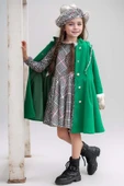 Kız Çocuk Kazayağı Desen Elbise Kolları Peluş ve Omuzları İnci İşleme Kemerli Yeşil Kaşe Kaban - 4