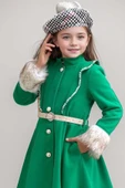 Kız Çocuk Kazayağı Desen Elbise Kolları Peluş ve Omuzları İnci İşleme Kemerli Yeşil Kaşe Kaban - 9