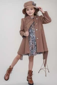 Kız Çocuk Leopar Desen Elbise Taş İşleme Yaka Boydan Düğme ve Kemer Detaylı Kahverengi Kaşe Kaban - 4