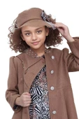 Kız Çocuk Leopar Desen Elbise Taş İşleme Yaka Boydan Düğme ve Kemer Detaylı Kahverengi Kaşe Kaban - 2