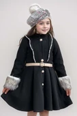Kız Çocuk Kazayağı Desen Elbise Kolları Peluş ve Omuzları İnci İşleme Kemerli Siyah Kaşe Kaban - 9