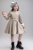 Kız Çocuk Kazayağı Desen Elbise Kolları Peluş ve Omuzları İnci İşleme Kemerli Fildişi Kaşe Kaban - 5
