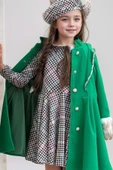 Kız Çocuk Kazayağı Desen Elbise Kolları Peluş ve Omuzları İnci İşleme Kemerli Yeşil Kaşe Kaban - 8