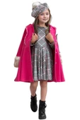 Kız Çocuk Kazayağı Desen Elbise Kolları Peluş ve Omuzları İnci İşleme Kemerli Fuşya Kaşe Kaban - 1