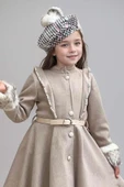 Kız Çocuk Kazayağı Desen Elbise Kolları Peluş ve Omuzları İnci İşleme Kemerli Fildişi Kaşe Kaban - 8
