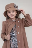 Kız Çocuk Leopar Desen Elbise Taş İşleme Yaka Boydan Düğme ve Kemer Detaylı Kahverengi Kaşe Kaban - 8