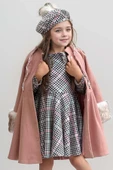 Kız Çocuk Kazayağı Desen Elbise Kolları Peluş ve Omuzları İnci İşleme Kemerli Pembe Kaşe Kaban - 9